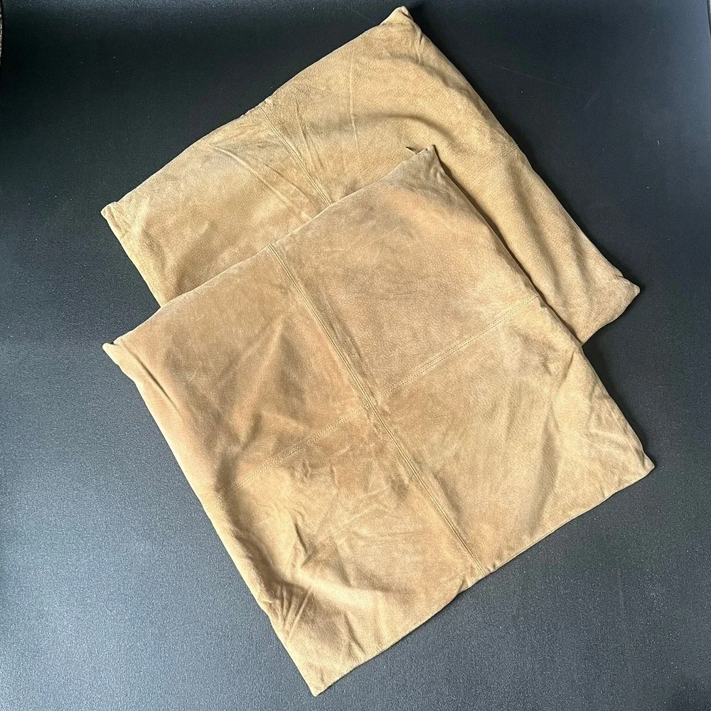 Set of 2 Tan Genuine Suede Leather Square Pillow Covers Four Panel Stitched 19in